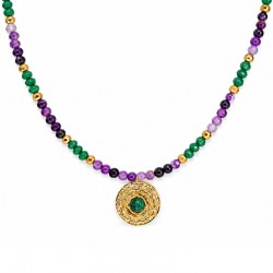 Collier avec perles vert-violet et médaillon doré