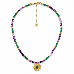 Collar Con Cuentas Verde-Moradas Y Medallón Dorado