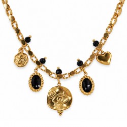 Collar con Cristales Negros y Colgantes Dorados en Forma de Ojo