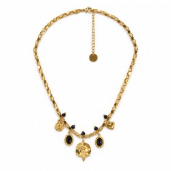 Collier avec Cristaux Noirs et Breloques en Forme d’Œil Dorées