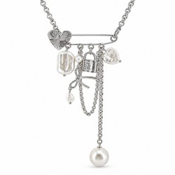 Collana con Spilla a Forma di Cuore Argentata di Sicurezza e Perle Pendenti