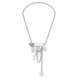 Collar con broche de seguridad en forma de corazón plateado y perlas colgantes