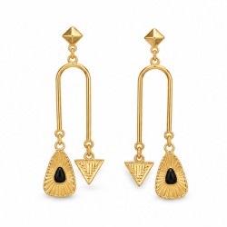Gold Earrings with Black Drop & Geometric Motifs