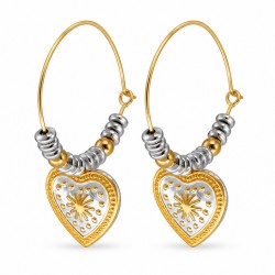 Hoop Earrings with Two-Tone Beads & St.Steel Heart Charm