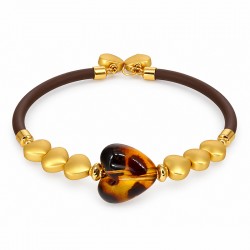 Braccialetto con Cuori Dorati e Color Miele su Cordoncino Marrone