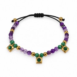 Bracelet avec Perles Violet-Vert et Breloques Dorées en Acier Inoxydable