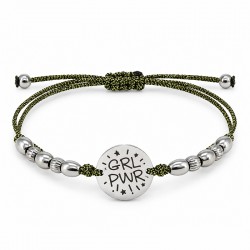 Pulsera con cuentas de acero inoxidable plateado y placa redonda con las letras «GRL PWR»