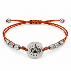 Bracelet avec perles en acier inoxydable argenté et plaque ronde « Evil Eye »