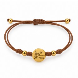 Braccialetto con scritta “La Vie en Rose” in acciaio inossidabile su cordoncino marrone