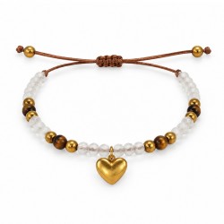 Bracelet with White Beads, Tiger Eye & St. Steel Gold Heart