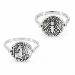 Bague avec pièce tournante en argent représentant un cerf et une abeille