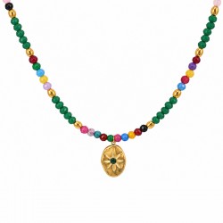 Collar Con Cuentas De Colores Y Medallón De Flor Dorado