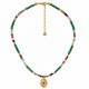 Collier avec perles colorées et médaillon en forme de fleur doré