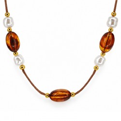 Collar Con Cuentas Ovaladas Marrones Y Perlas Blancas En Cordón Marrón