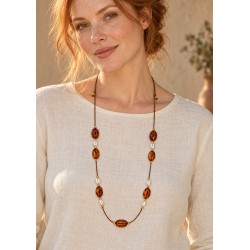 Necklace with Brown Oval Beads & White Pearls on Brown Cord