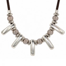 Collana con Barre Argentate e Perline in Ceramica Grigia su Cordoncino Marrone