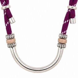 Necklace with Silver Curved Tube & Pink Spacers Purple Cord