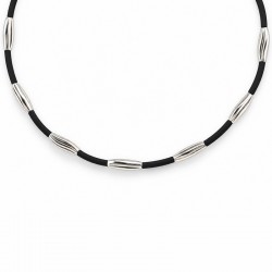 Necklace with Silver Elongated Irregular Tubes on Black Cord