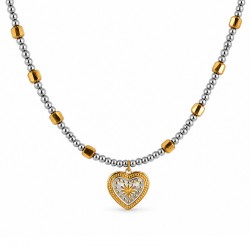 Collana con Ciondolo a Forma di Cuore Bicolore e Cubetti Dorati