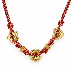 Necklace with Red Cord & Gold Heart, Ring & Star Charms