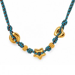 Collana con Cordoncino Blu e Ciondoli a Forma di Cuore, Anello e Stella Dorati