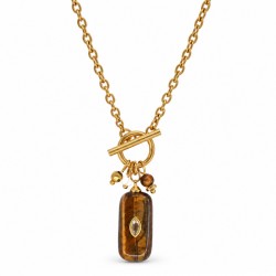 Collana con Ciondolo a Forma di Occhio Rettangolare Marrone e Catena in Oro