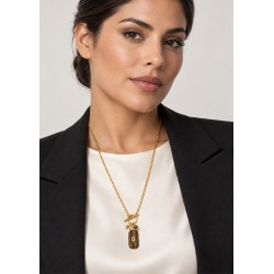 Collana con Ciondolo a Forma di Occhio Rettangolare Marrone e Catena in Oro