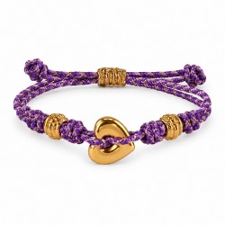 Pulsera Con Un Corazón Dorado De Acero Inoxidable En Cordón Morado