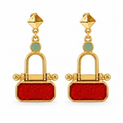 Pendientes con Rectángulo Rojo y Círculo Esmaltado en Color Menta