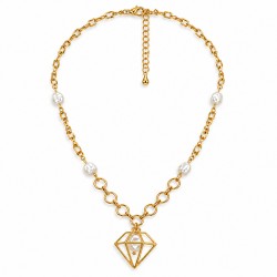 Collier avec Perles Blanches et Pendentif en Or en Forme de Diamant
