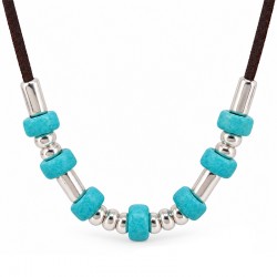 Necklace with Turquoise Spacers, Silver Elements, Brown Cord