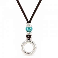 Collier avec Perle Turquoise et Anneau en Argent sur Cordon Marron