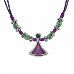 Necklace with Purple Pendant & Green Beads on Double Cord