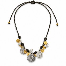 Collar con Monedas Bicolor y Perla en Cordón Negro