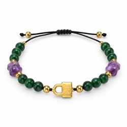 Bracelet with Green Beads & Padlock on Black Cord