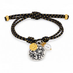 Bracelet with Two-Tone Coins & Pearl on Black-Gold Cord