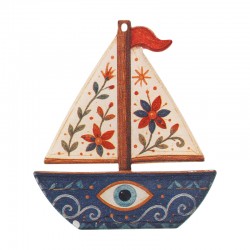 Plexi Acrylic Pendant Boat with Evil Eye & Flowers 52x59mm