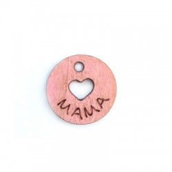 Charm di Legno Rotondo con Cuore e Scritta Incisa "MAMA" 17MM