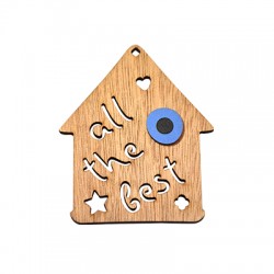 Wooden Lucky Pendant House "all the best" w/Evil Eye 74x63mm