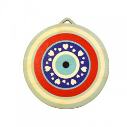 Wooden Lucky Pendant Round w/ Evil Eye & Hearts 95mm