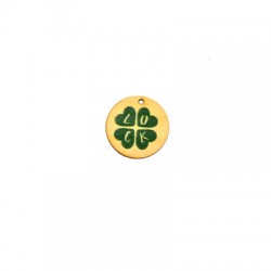 Wooden Lucky Pendant Round "LUCK" w/ Four Leaf Clover 30mm
