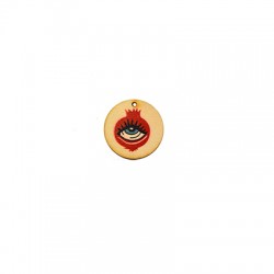 Wooden Lucky Pendant Round w/ Pomegranate & Evil Eye 30mm
