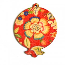 Wooden Lucky Pendant Pomegranate w/ Flowers 63x79mm