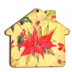 Wooden Lucky Pendant House w/ Flowers & Leaves 75x69mm