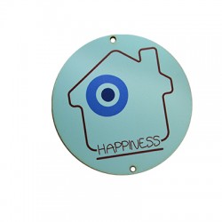 Wooden Lucky Pendant Round "HAPPINESS" w/House &Evil Eye79mm