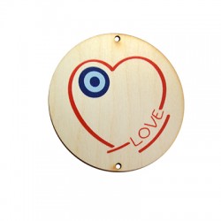 Ξύλινο Μοτίφ Στρογγυλό Καρδιά Μάτι "LOVE" Γούρι 2Τρύπες 75mm