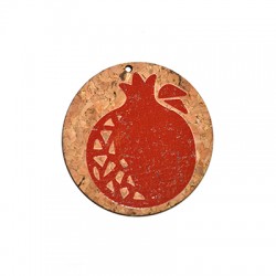 Wooden Cork Lucky Pendant Round w/ Pomegranate 70mm