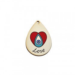 Wooden Lucky Pendant Drop "Love" w/ Heart & Evil Eye 32x45mm