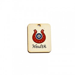 Wooden Lucky Tag "Wealth" w/ Horseshoe & Evil Eye 32x40mm