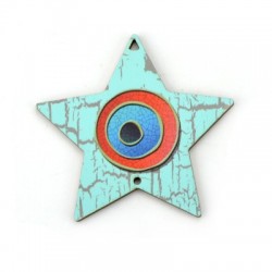 Wooden Pendant Star w/ Evil Eye 2 Holes 73x72mm